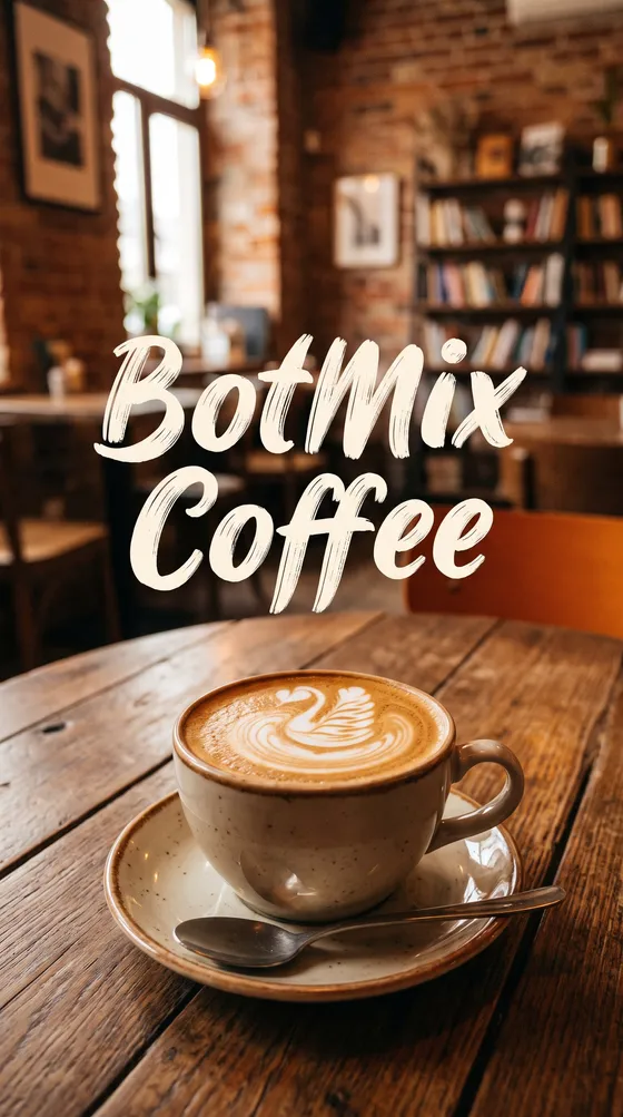 Постер кофейни: чашка капучино с латте-артом и надпись BotMix Coffee аккуратным шрифтом, тёплые тона, реалистичная типографика Постер кофейни: чашка капучино с латте-артом и надпись BotMix Coffee аккуратным шрифтом, тёплые тона, реалистичная типографика